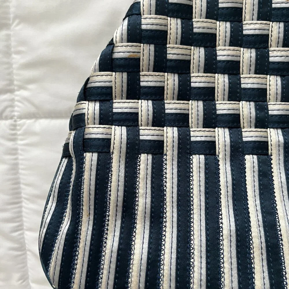 COLE HAAN Genevieve Woven Triangle Hobo Shoulder Handbag Tote Silk Raffia Blue